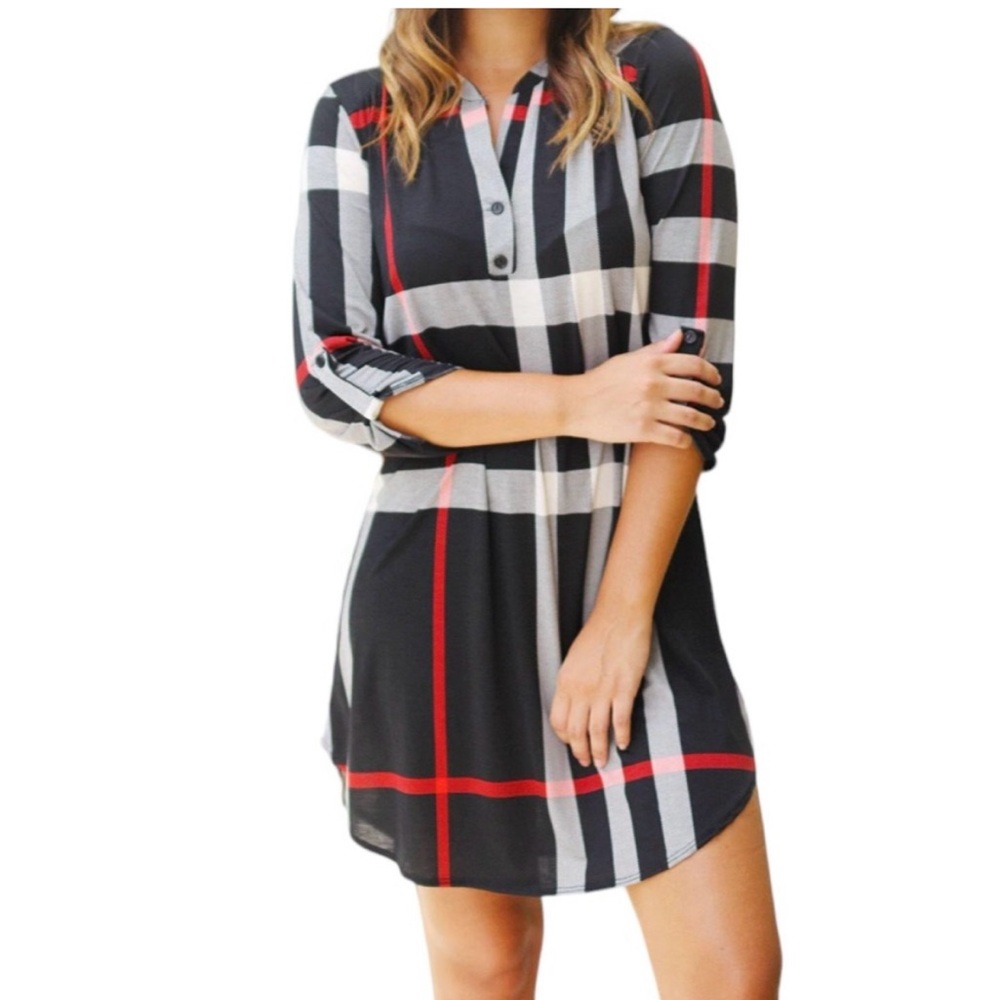 Liu 👗 Si Ran Black Collar Plaid Dress Size L